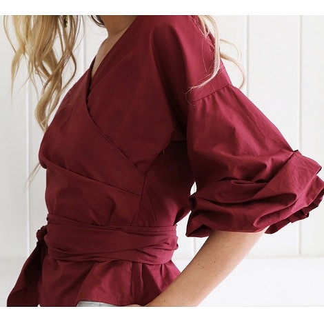 レディース　パフスリーブ　Vネック　ブラウス　シャツ　無地　トップス　春　夏　女性　大人　カジュアル　清楚　キュート　可愛い　おしゃれ　エレガント　セクシー　ファッション　ブルー　ホワイト　ワインレッド　S　M　L　XL　サイズ　送料無料