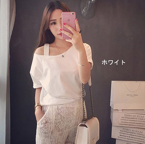 レディース　Tシャツ　ストラップ　ワンショルダー　トップス　半袖　春　夏　人気　女性　大人　カジュアル　可愛い　おしゃれ　きれいめ　上品　セクシー　ホワイト　ブラック　ピンク　白　黒　M　L　XL　XXL　サイズ　送料無料