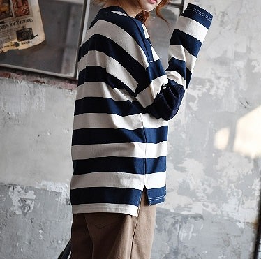 レディース　ボーダー　ロングTシャツ　パッチワーク　クルーネック　トップス　長袖　春　夏　人気　女性　大人　カジュアル　可愛い　おしゃれ　きれいめ　上品　セクシー　ネイビー　紺　フリーサイズ　ワンサイズ　送料無料