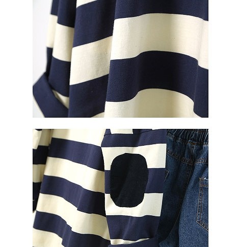 レディース　ボーダー　ロングTシャツ　パッチワーク　クルーネック　トップス　長袖　春　夏　人気　女性　大人　カジュアル　可愛い　おしゃれ　きれいめ　上品　セクシー　ネイビー　紺　フリーサイズ　ワンサイズ　送料無料