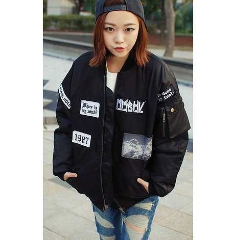 レディース　ミリタリージャケット　ブルゾン　アウター　JKT　オーバーサイズ　リブ付き　ワッペン　MA-1　MA1　フライトジャケット　女性　大人　カジュアル　おしゃれ　可愛い　オリーブ　ブラック　黒　M　L　XL　サイズ　送料無料