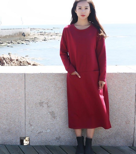 レディース　ミモレ丈　ワンピース　ドレス　ラグラン　ラウンドネック　スリット　スカート　長袖　春　夏　人気　女性　大人　カジュアル　可愛い　おしゃれ　きれいめ　上品　セクシー　レッド　グレー　ブラック　フリーサイズ　ワンサイズ　送料無料