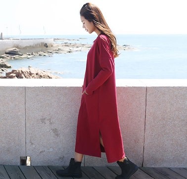 レディース　ミモレ丈　ワンピース　ドレス　ラグラン　ラウンドネック　スリット　スカート　長袖　春　夏　人気　女性　大人　カジュアル　可愛い　おしゃれ　きれいめ　上品　セクシー　レッド　グレー　ブラック　フリーサイズ　ワンサイズ　送料無料