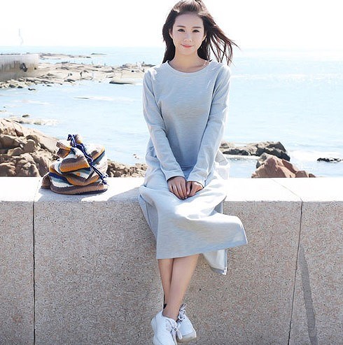 レディース　ミモレ丈　ワンピース　ドレス　ラグラン　ラウンドネック　スリット　スカート　長袖　春　夏　人気　女性　大人　カジュアル　可愛い　おしゃれ　きれいめ　上品　セクシー　レッド　グレー　ブラック　フリーサイズ　ワンサイズ　送料無料