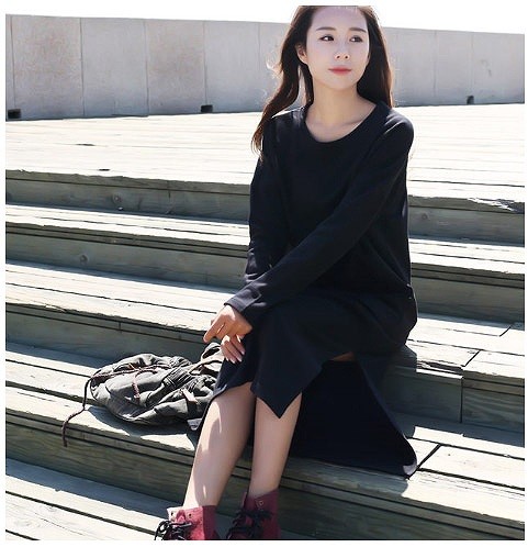 レディース　ミモレ丈　ワンピース　ドレス　ラグラン　ラウンドネック　スリット　スカート　長袖　春　夏　人気　女性　大人　カジュアル　可愛い　おしゃれ　きれいめ　上品　セクシー　レッド　グレー　ブラック　フリーサイズ　ワンサイズ　送料無料