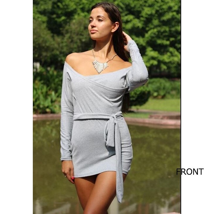 レディース　オフショルダー　ワンピース　ドレス　ロングスリーブ　長袖　ミニ　スカート　ボトムス　春　夏　女性　大人　フェミニン　カジュアル　キュート　可愛い　おしゃれ　セクシー　エレガント　ファッション　グレー　灰色　S　M　L　XL　サイズ　送料無料