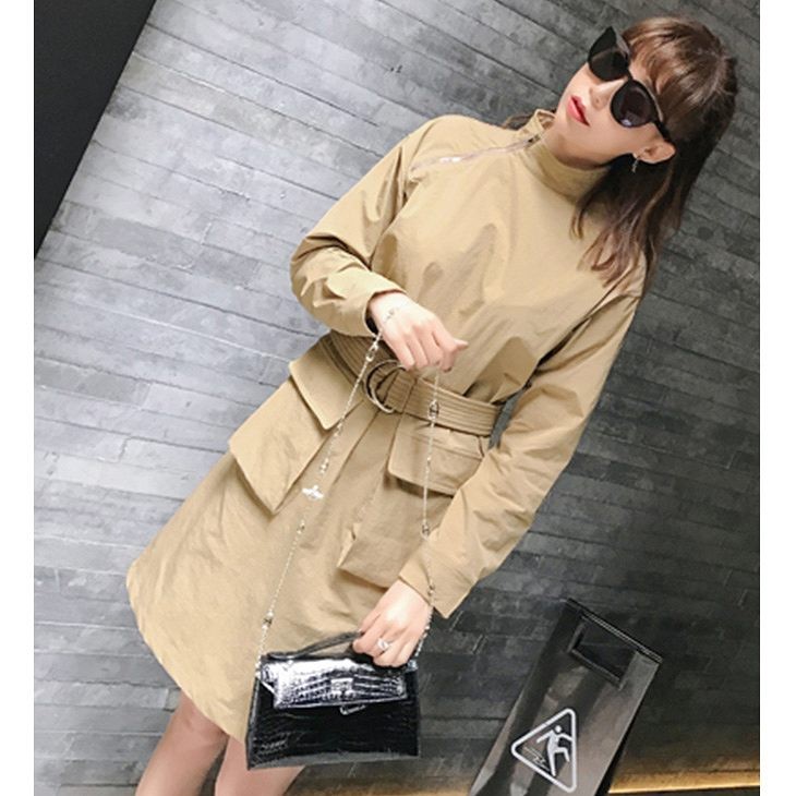 レディース　ボトルネック　ワンピース　ジッパー　ドレス　ロングスリーブ　長袖　スカート　ボトムス　春　夏　女性　大人　フェミニン　カジュアル　キュート　可愛い　おしゃれ　エレガント　ファッション　ベージュ　無地　人気　S　M　サイズ　送料無料