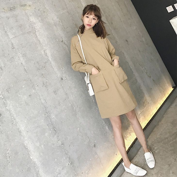 レディース　ボトルネック　ワンピース　ジッパー　ドレス　ロングスリーブ　長袖　スカート　ボトムス　春　夏　女性　大人　フェミニン　カジュアル　キュート　可愛い　おしゃれ　エレガント　ファッション　ベージュ　無地　人気　S　M　サイズ　送料無料