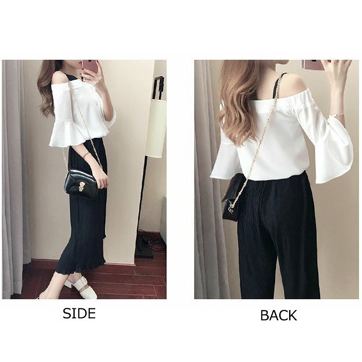 レディース　大きいサイズ　ワイドレッグパンツ　フレアスリーブ　セット　七分丈　ボトムス　春　夏　女性　大人　フェミニン　カジュアル　おしゃれ　エレガント　セクシー　上品　ファッション　ホワイト　ブラック　人気　S　M　L　XL　XXL　サイズ　送料無料