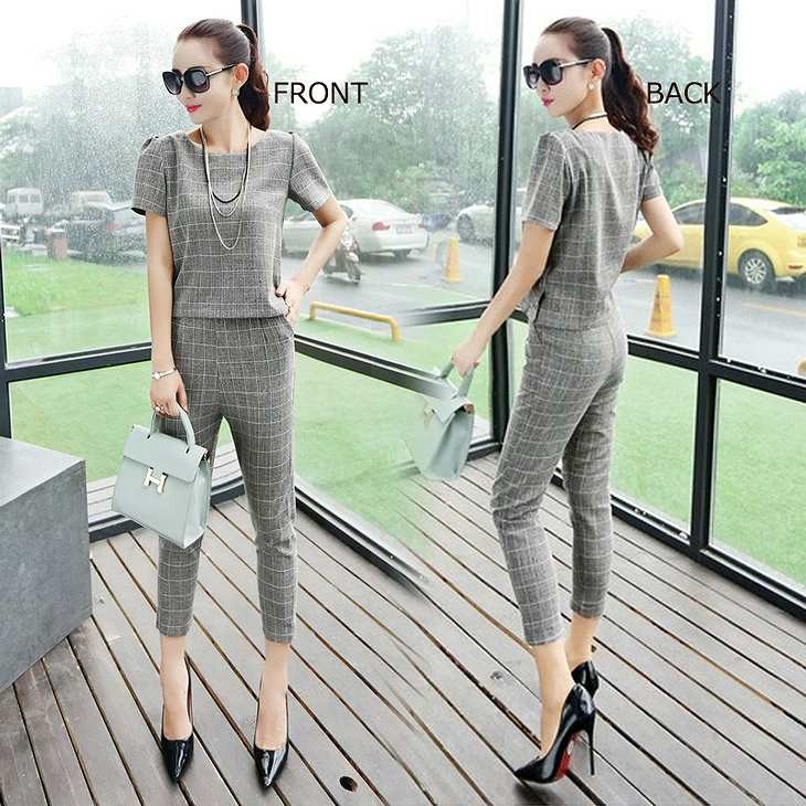 レディース　大きいサイズ　チェック　ツーピース　クロップド　パンツスーツ　半袖　半端丈　セット　ボトムス　春　夏　女性　大人　フェミニン　カジュアル　おしゃれ　エレガント　上品　ファッション　グレー　人気　S　M　L　XL　XXL　サイズ　送料無料