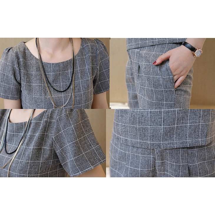 レディース　大きいサイズ　チェック　ツーピース　クロップド　パンツスーツ　半袖　半端丈　セット　ボトムス　春　夏　女性　大人　フェミニン　カジュアル　おしゃれ　エレガント　上品　ファッション　グレー　人気　S　M　L　XL　XXL　サイズ　送料無料