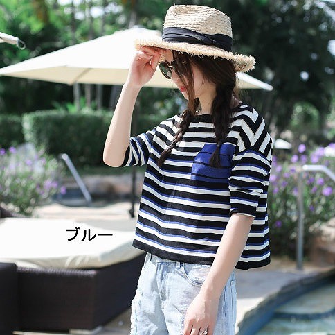 レディース　リネン　ボーダー　ロングTシャツ　ラウンドネック　トップス　半袖　春　夏　人気　女性　大人　カジュアル　可愛い　おしゃれ　きれいめ　上品　セクシー　ブルー　グリーン　ピンク　フリーサイズ　ワンサイズ　送料無料