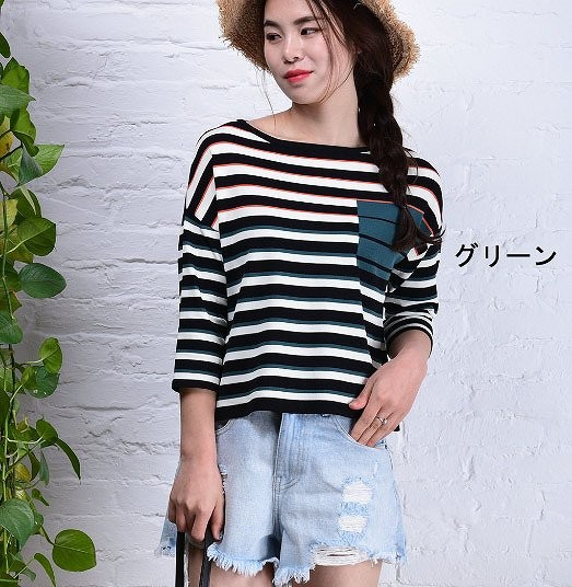 レディース　リネン　ボーダー　ロングTシャツ　ラウンドネック　トップス　半袖　春　夏　人気　女性　大人　カジュアル　可愛い　おしゃれ　きれいめ　上品　セクシー　ブルー　グリーン　ピンク　フリーサイズ　ワンサイズ　送料無料