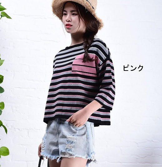 レディース　リネン　ボーダー　ロングTシャツ　ラウンドネック　トップス　半袖　春　夏　人気　女性　大人　カジュアル　可愛い　おしゃれ　きれいめ　上品　セクシー　ブルー　グリーン　ピンク　フリーサイズ　ワンサイズ　送料無料