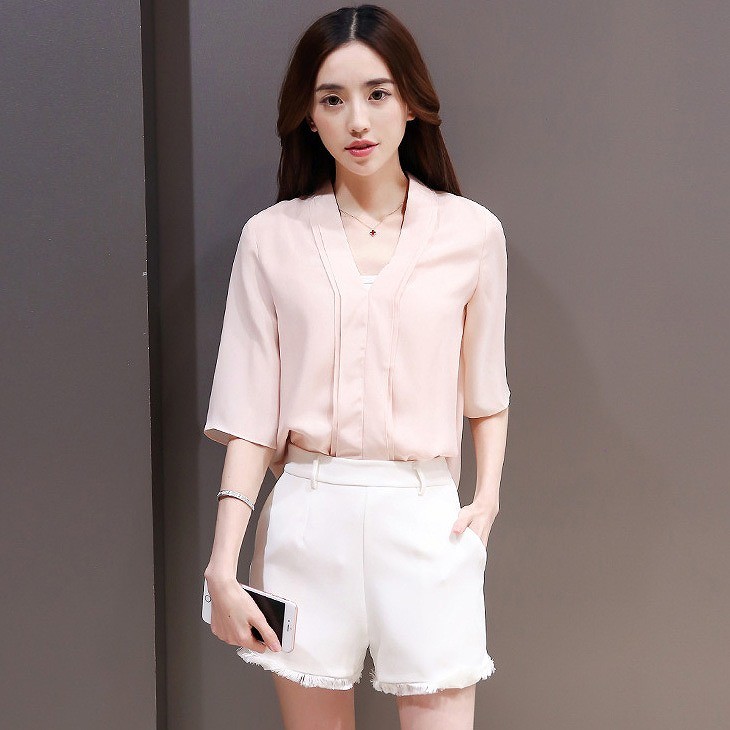 レディース　シフォン　シャツ　ツーピース　パンツスーツ　半袖　短パン　セット　トップス　ボトムス　春　夏　女性　大人　フェミニン　カジュアル　おしゃれ　エレガント　セクシー　上品　ファッション　ピンク　ホワイト　人気　S　M　L　XL　サイズ　送料無料