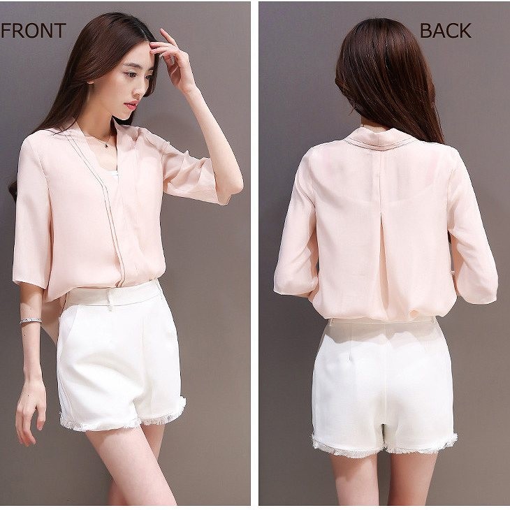 レディース　シフォン　シャツ　ツーピース　パンツスーツ　半袖　短パン　セット　トップス　ボトムス　春　夏　女性　大人　フェミニン　カジュアル　おしゃれ　エレガント　セクシー　上品　ファッション　ピンク　ホワイト　人気　S　M　L　XL　サイズ　送料無料