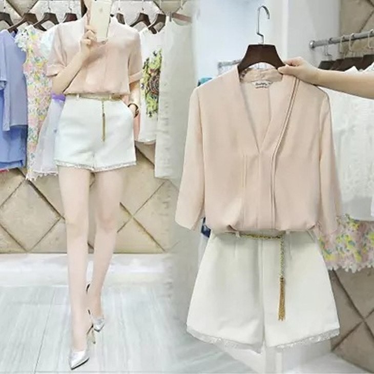 レディース　シフォン　シャツ　ツーピース　パンツスーツ　半袖　短パン　セット　トップス　ボトムス　春　夏　女性　大人　フェミニン　カジュアル　おしゃれ　エレガント　セクシー　上品　ファッション　ピンク　ホワイト　人気　S　M　L　XL　サイズ　送料無料