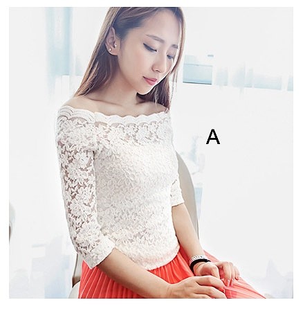 レディース　トップス　オフショルダー　カットソー　総レース　無地　7分袖　シンプル　カジュアル　大きいサイズ　大人可愛い　フェミニン　オフィス　デート　お出かけ　デイリー　ホワイト　ブラック　ブルー　レッド　ピンク　送料無料