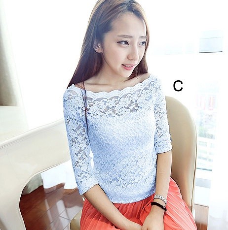 レディース　トップス　オフショルダー　カットソー　総レース　無地　7分袖　シンプル　カジュアル　大きいサイズ　大人可愛い　フェミニン　オフィス　デート　お出かけ　デイリー　ホワイト　ブラック　ブルー　レッド　ピンク　送料無料