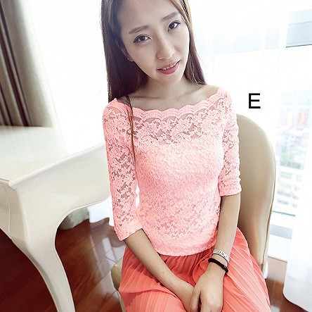 レディース　トップス　オフショルダー　カットソー　総レース　無地　7分袖　シンプル　カジュアル　大きいサイズ　大人可愛い　フェミニン　オフィス　デート　お出かけ　デイリー　ホワイト　ブラック　ブルー　レッド　ピンク　送料無料