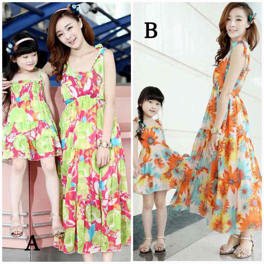 レディース　親子　ペアルック　お揃い　ワンピース　ドレス　マキシ丈　ロング丈　ミモレ丈　子供服　人気　春物　夏物　女性　大人　キュート　可愛い　フェミニン　おしゃれ　お呼ばれ　ファッション　グリーン　オレンジ　送料無料