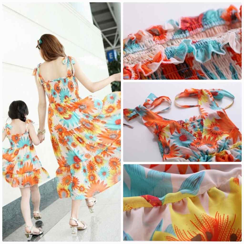 レディース　親子　ペアルック　お揃い　ワンピース　ドレス　マキシ丈　ロング丈　ミモレ丈　子供服　人気　春物　夏物　女性　大人　キュート　可愛い　フェミニン　おしゃれ　お呼ばれ　ファッション　グリーン　オレンジ　送料無料