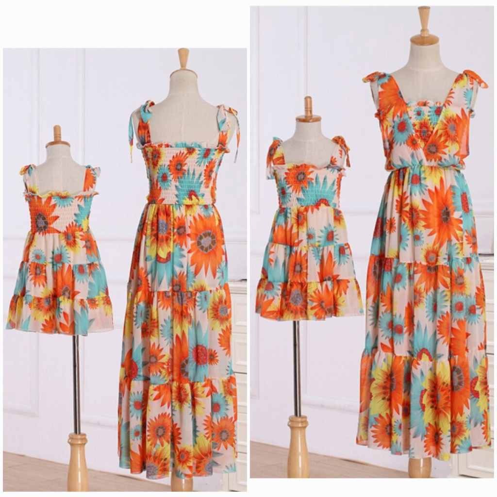 レディース　親子　ペアルック　お揃い　ワンピース　ドレス　マキシ丈　ロング丈　ミモレ丈　子供服　人気　春物　夏物　女性　大人　キュート　可愛い　フェミニン　おしゃれ　お呼ばれ　ファッション　グリーン　オレンジ　送料無料