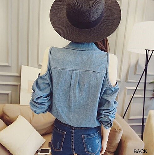 レディース　トップス　シャツ　デニム　長袖　ショルダーカット　シンプル　セクシー　カジュアル　大人可愛い　フェミニン　おしゃれ　デート　お出かけ　普段着　ブルー　送料無料