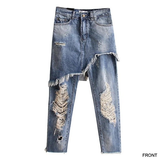 レディース　ボトムス　ジーンズ　デニム　パンツ　スカート　スカッツ　フレイドヘム　切りっぱなし　カットオフン　ダメージ　クラッシュ　9分丈　大人カジュアル　フェミニン　リゾート　普段着　デイリー　お出かけ　デート　ブルー　送料無料