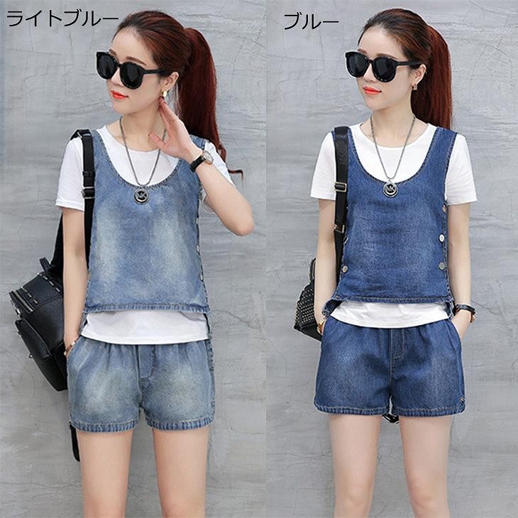 レディース　デニム　タンクトップ　ノースリーブ　キャミソール　短パン　セット　ジーンズ　ボトムス　カジュアル　キュート　可愛い　フェミニン　おしゃれ　お出かけ　ライトブルー　ブルー　S　M　L　XL　サイズ　送料無料