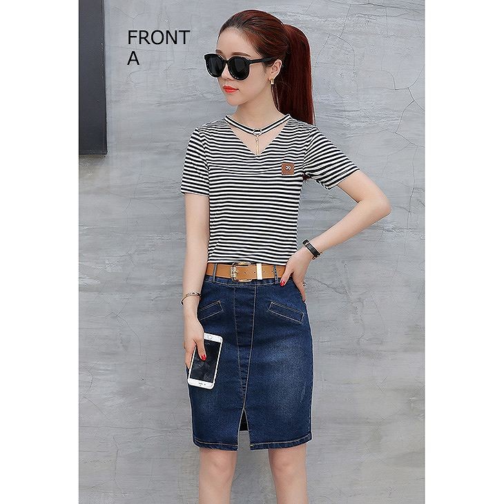 レディース　デニム　ジーンズ　スカート　Vネック　ボーダー　Tシャツ　半袖　スリット　ボトムス　カジュアル　キュート　可愛い　フェミニン　おしゃれ　お出かけ　ネイビー　ホワイト　ブラック　M　L　XL　サイズ　送料無料