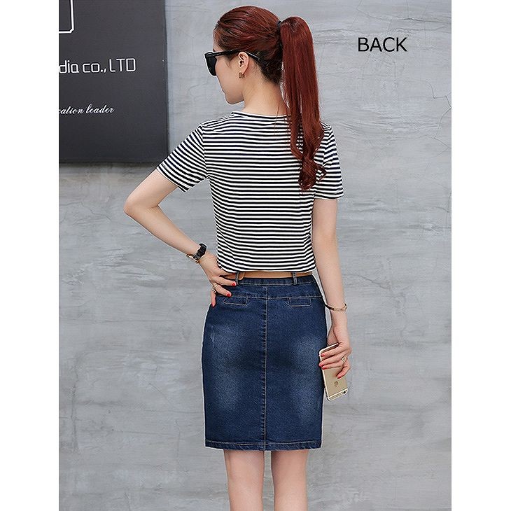 レディース　デニム　ジーンズ　スカート　Vネック　ボーダー　Tシャツ　半袖　スリット　ボトムス　カジュアル　キュート　可愛い　フェミニン　おしゃれ　お出かけ　ネイビー　ホワイト　ブラック　M　L　XL　サイズ　送料無料
