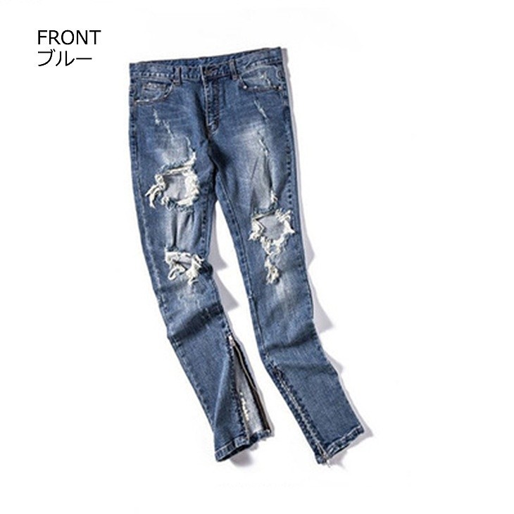 メンズ　クラッシュ加工　ダメージ　デニム　パンツ　細身　ズボン　ジーンズ　裾ZIP　裾ジッパー　穴　ロングパンツ　ボトムス　カジュアル　ストリート　男性　大人　おしゃれ　ブルー　S　M　L　XL　サイズ　送料無料