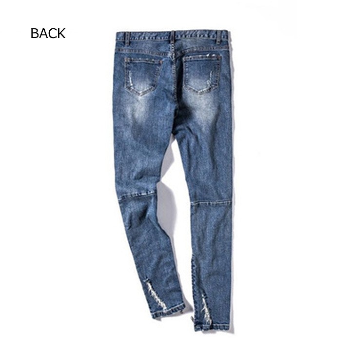 メンズ　クラッシュ加工　ダメージ　デニム　パンツ　細身　ズボン　ジーンズ　裾ZIP　裾ジッパー　穴　ロングパンツ　ボトムス　カジュアル　ストリート　男性　大人　おしゃれ　ブルー　S　M　L　XL　サイズ　送料無料