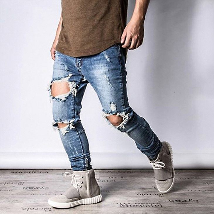 メンズ　クラッシュ加工　ダメージ　デニム　パンツ　細身　ズボン　ジーンズ　裾ZIP　裾ジッパー　穴　ロングパンツ　ボトムス　カジュアル　ストリート　男性　大人　おしゃれ　ブルー　S　M　L　XL　サイズ　送料無料