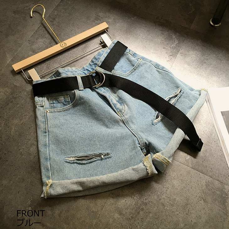 レディース　クラッシュ加工　ダメージ　デニム　ハイウエスト　ショートパンツ　短パン　ジーンズ　ボトムス　大人　女性　カジュアル　キュート　可愛い　フェミニン　おしゃれ　お出かけ　ライトブルー　ブルー　S　M　L　XL　サイズ　送料無料