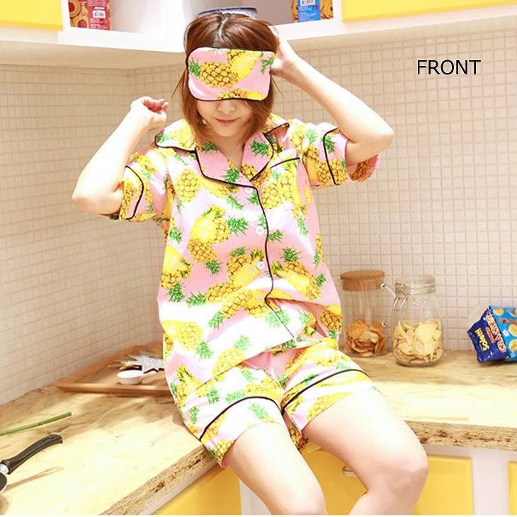 レディース　大きいサイズ　パイナップル　柄　ルームウェア　ナイトウェア　パジャマ　上下セット　春　夏　半袖　短パン　パンツ　女性　大人　セクシー　イエロー　ブラック　黒　黄色　M　L　XL　XXL　サイズ　送料無料