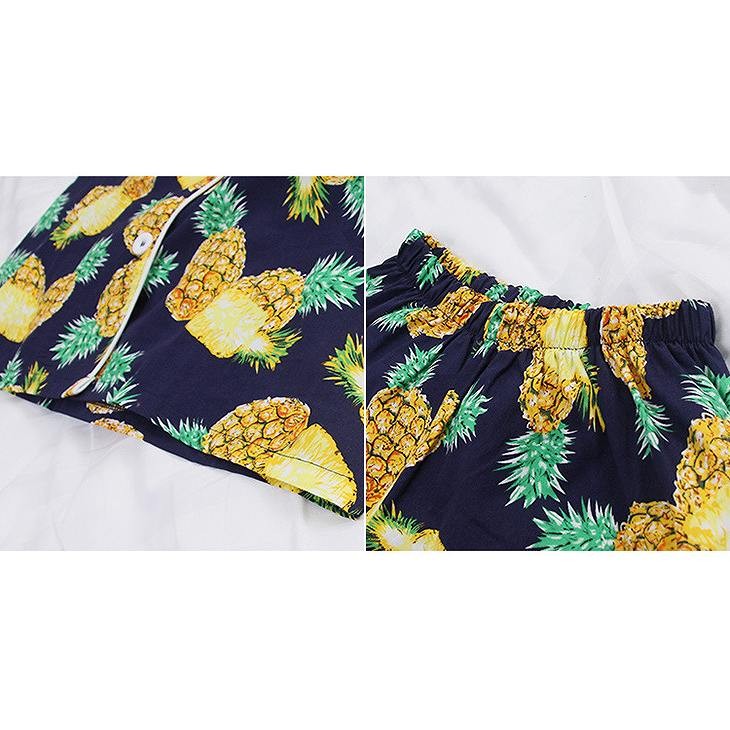レディース　大きいサイズ　パイナップル　柄　ルームウェア　ナイトウェア　パジャマ　上下セット　春　夏　半袖　短パン　パンツ　女性　大人　セクシー　イエロー　ブラック　黒　黄色　M　L　XL　XXL　サイズ　送料無料