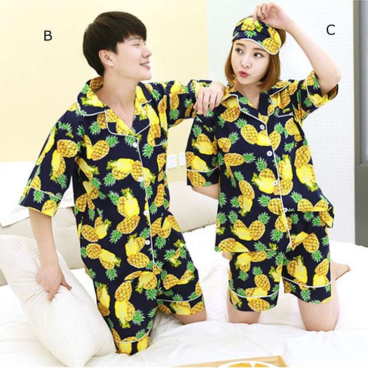 レディース　大きいサイズ　パイナップル　柄　ルームウェア　ナイトウェア　パジャマ　上下セット　春　夏　半袖　短パン　パンツ　女性　大人　セクシー　イエロー　ブラック　黒　黄色　M　L　XL　XXL　サイズ　送料無料