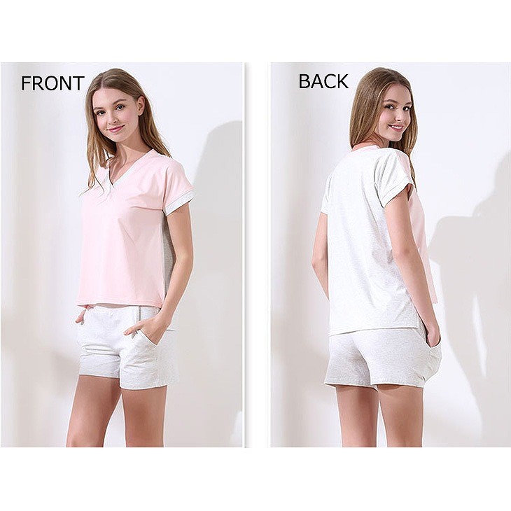 レディース　パジャマ　ナイトウェア　無地　前後色違い　上下セット　半袖　Vネック　ショートパンツ　大きいサイズ　ゆったり　カジュアル　フェミニン　大人可愛い　リラックス　ルームウェア　ラフスタイル　ピンク×ホワイト　送料無料