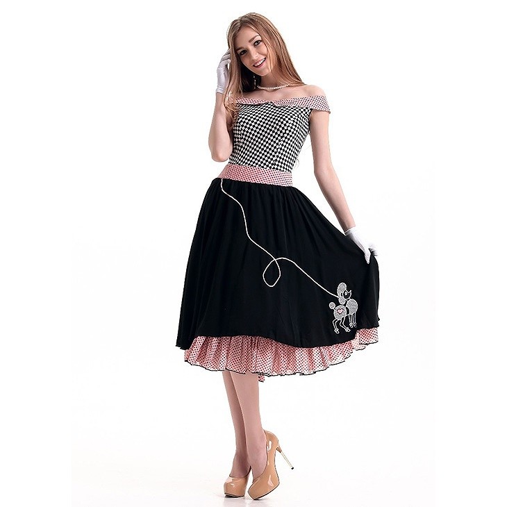 レディース　メイド服　ドレス　オフショルダー　スカート　フレア　プードル　犬　コスプレ　コスチューム　本格派　衣装　仮装　演劇　舞台　イベント　パーティ　ハロウィン　ピンク　ブラック　チェック　フリーサイズ　ワンサイズ　送料無料