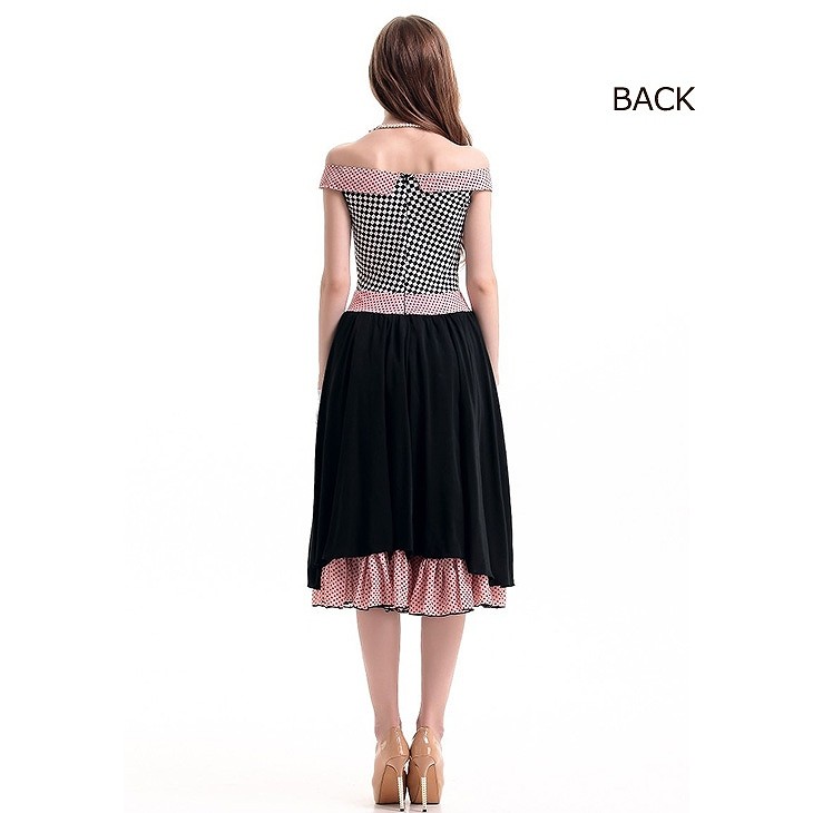 レディース　メイド服　ドレス　オフショルダー　スカート　フレア　プードル　犬　コスプレ　コスチューム　本格派　衣装　仮装　演劇　舞台　イベント　パーティ　ハロウィン　ピンク　ブラック　チェック　フリーサイズ　ワンサイズ　送料無料