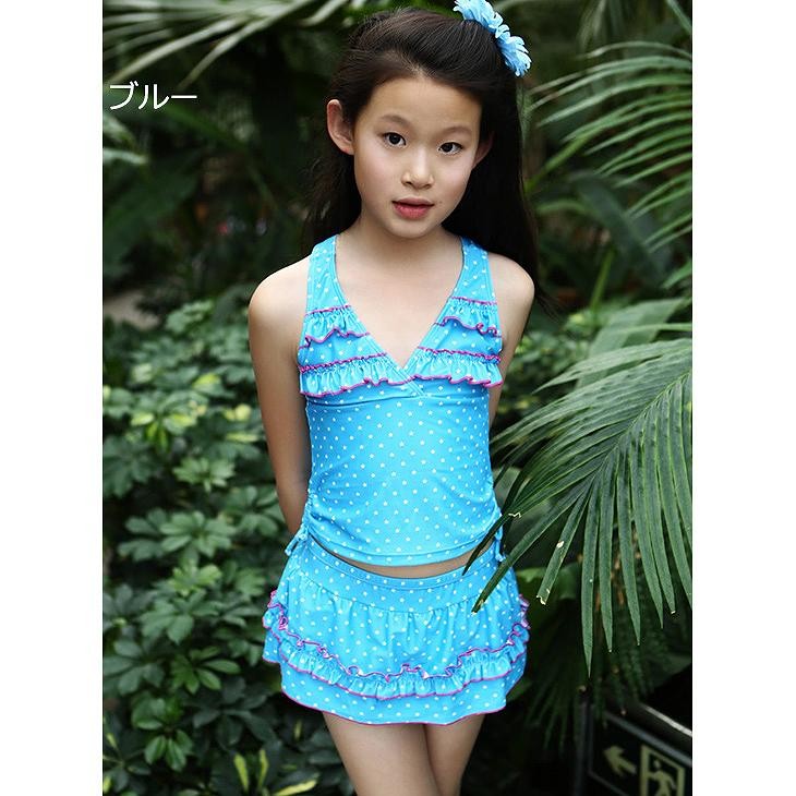 キッズ　女の子　水着　タンキニ　ドット　水玉　フレア　スカート　海　プール　スイミング　ビーチ　リゾート　マリン　海水浴　夏休み　旅行　可愛い　キュート　子供　ブルー　ホワイト　ピンク　水色　白　M　L　XL　XXL　サイズ　送料無料