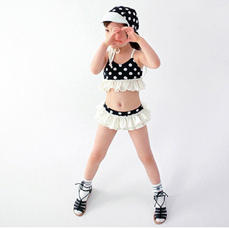 キッズ　女の子　水着　ラッシュガード　ビキニ　セット　フレア　フリル　ポルカドット　水玉　海　プール　スイミング　ビーチ　リゾート　マリン　海水浴　夏休み　旅行　可愛い　キュート　子供　ブラック　オレンジ　黒　M　L　XL　XXL　サイズ　送料無料