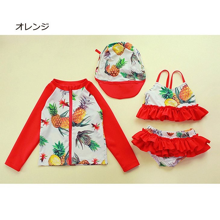 キッズ　女の子　水着　ラッシュガード　ビキニ　セット　フレア　フリル　ポルカドット　水玉　海　プール　スイミング　ビーチ　リゾート　マリン　海水浴　夏休み　旅行　可愛い　キュート　子供　ブラック　オレンジ　黒　M　L　XL　XXL　サイズ　送料無料