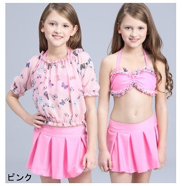 キッズ　女の子　水着　ビキニ　スカート　蝶　フレア　ラッシュガード　半袖　セパレート　海　プール　スイミング　ビーチ　リゾート　マリン　海水浴　夏休み　旅行　可愛い　キュート　子供　ジュニア　ピンク　イエロー　M　L　XL　サイズ　送料無料