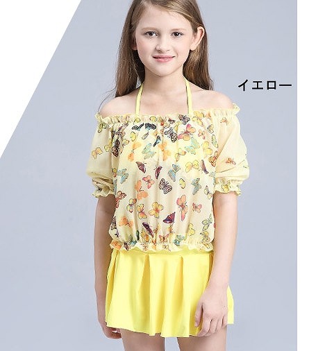 キッズ　女の子　水着　ビキニ　スカート　蝶　フレア　ラッシュガード　半袖　セパレート　海　プール　スイミング　ビーチ　リゾート　マリン　海水浴　夏休み　旅行　可愛い　キュート　子供　ジュニア　ピンク　イエロー　M　L　XL　サイズ　送料無料
