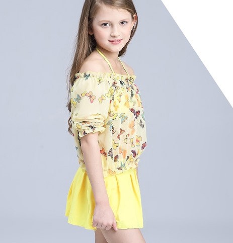 キッズ　女の子　水着　ビキニ　スカート　蝶　フレア　ラッシュガード　半袖　セパレート　海　プール　スイミング　ビーチ　リゾート　マリン　海水浴　夏休み　旅行　可愛い　キュート　子供　ジュニア　ピンク　イエロー　M　L　XL　サイズ　送料無料