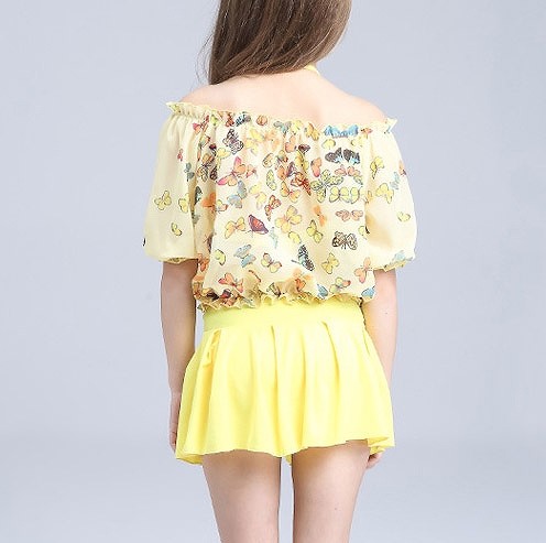 キッズ　女の子　水着　ビキニ　スカート　蝶　フレア　ラッシュガード　半袖　セパレート　海　プール　スイミング　ビーチ　リゾート　マリン　海水浴　夏休み　旅行　可愛い　キュート　子供　ジュニア　ピンク　イエロー　M　L　XL　サイズ　送料無料