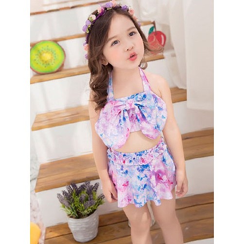 キッズ　女の子　水着　ビキニ　スカート　フレア　リボン　セパレート　ホルターネック　海　プール　スイミング　ビーチ　リゾート　マリン　海水浴　夏休み　旅行　可愛い　キュート　子供　ジュニア　パープル　S　M　L　XL　XXL　サイズ　送料無料